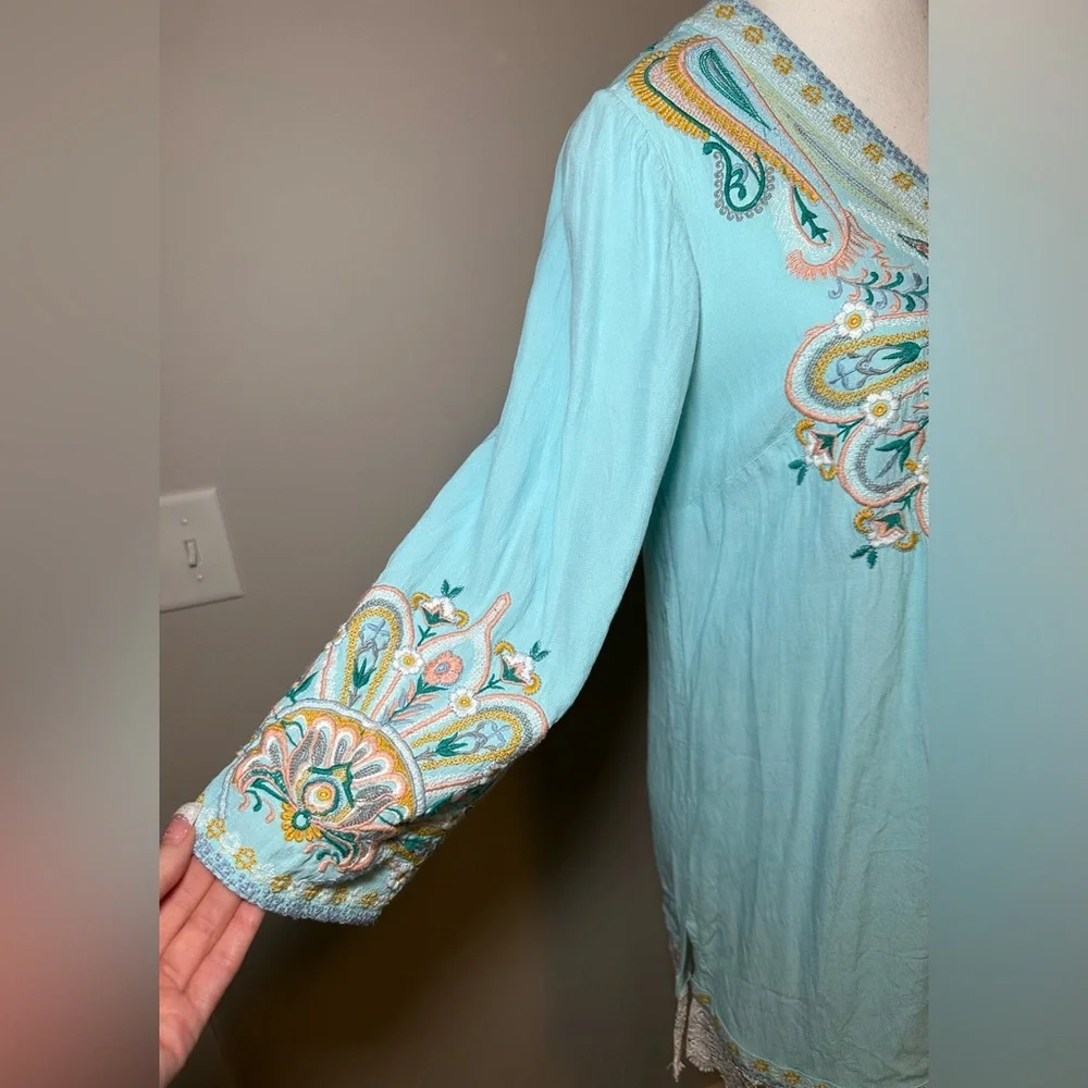Soft Surroundings Blue River‎ Island Embroidered Tunic Boho Viscose Lace Hem XS